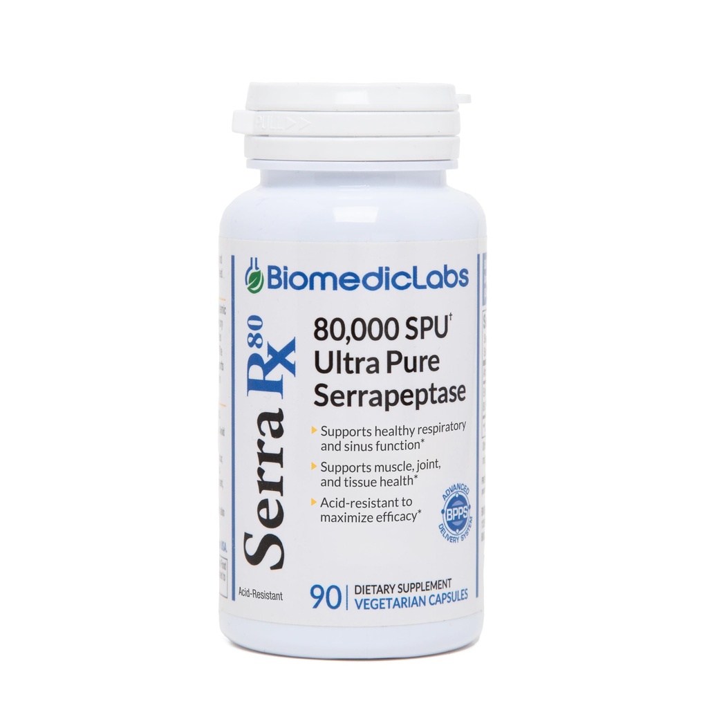 Serra-RX 80.000 SPU Serrapeptase - Asit-Resistant Proteolytic Systemic Enzyme, Non-GMO, Gluten Free, Vegan, Supports Sinus & Lung Health, 90 Veg Capsules