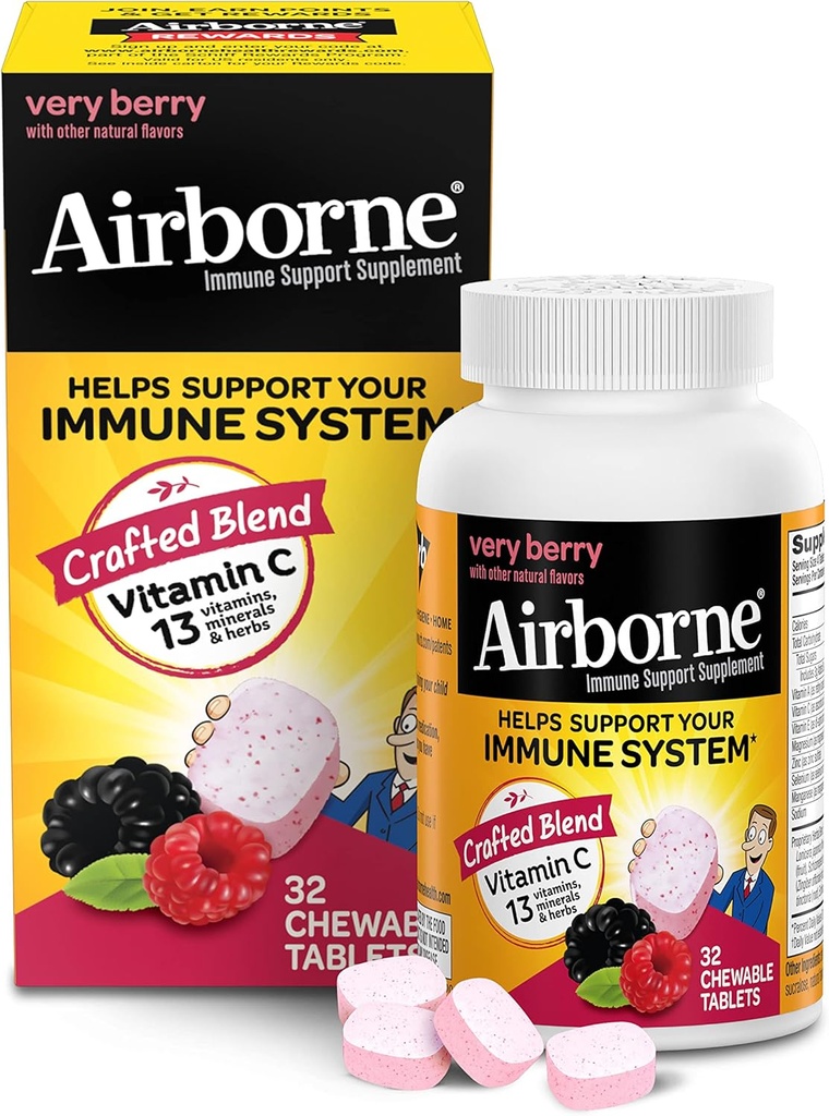 Airborne C 1000 mg (per service) Very Berry Chewable Tabletler (32 Bir Kutuda Kont), Gluten-Free Immune Support Supplement, A C E, ZINC, Selenium, Echinacea & Ginger, Antioksis