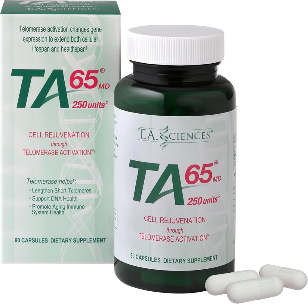 T.A. Sciences TA-65 Telomere Activation Supplement - Επισκευή DNA, Υποστήριξη βλαστικών κυττάρων, Ανόρθωση κυττάρων, Μήκος τελομεράσης, 2.5 φορές ισχύς, 90 κάψουλες