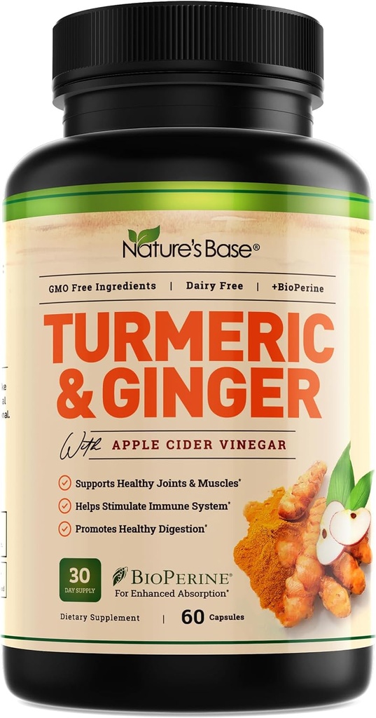 Nature's Base Turmeric and Ginger Supplement - με κουρκουμίνη, μηλίτη και εκχύλισμα μαύρου πιπεριού BioPerine - 95% Κουρκουμινοειδή - 60 κάψουλες