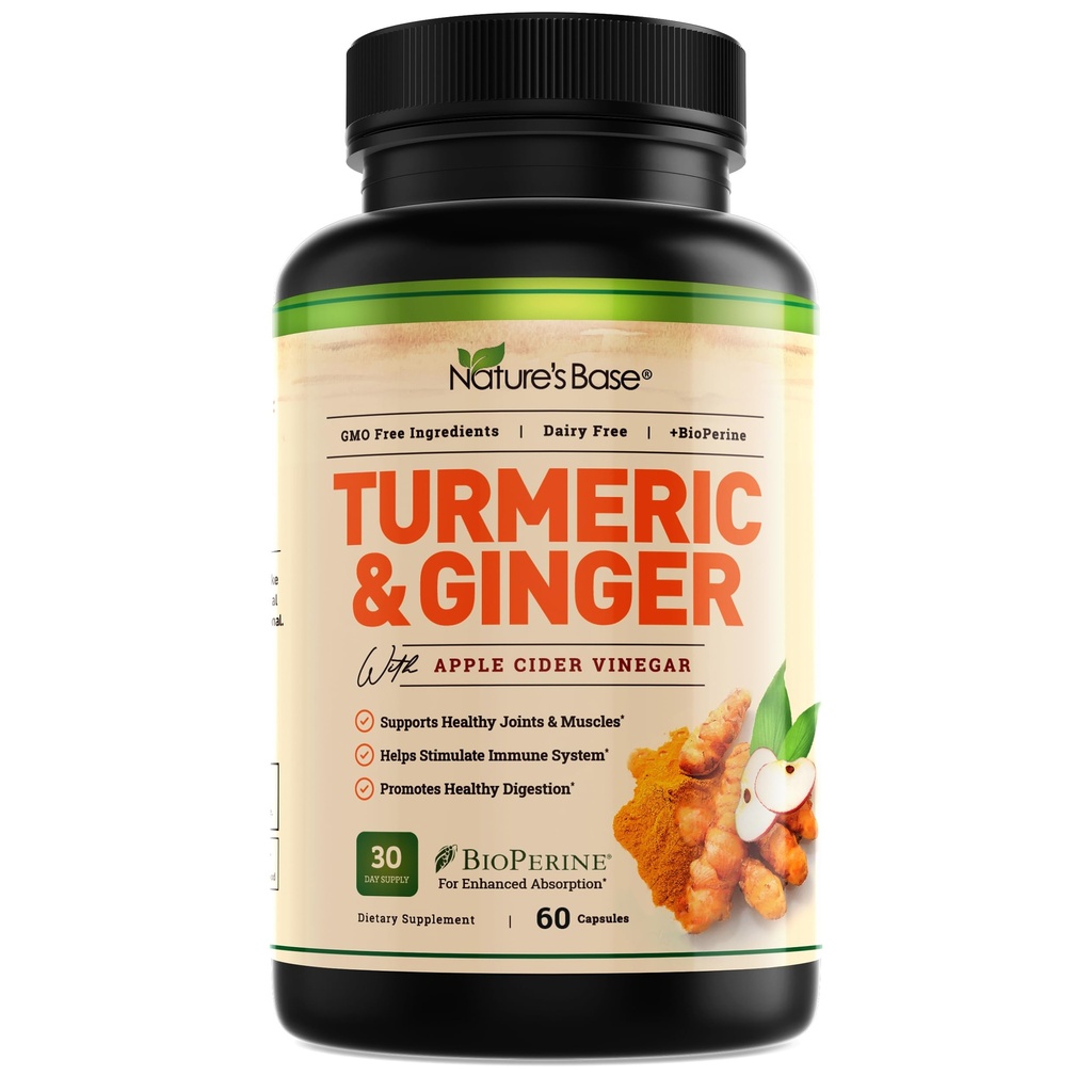 Nature's Base Turmeric and Ginger Supplement - Curcumin, Apple Cider Vinegar & BioPerine Black Pepper Extract - 95 Curcuminoids - 60 Capsules