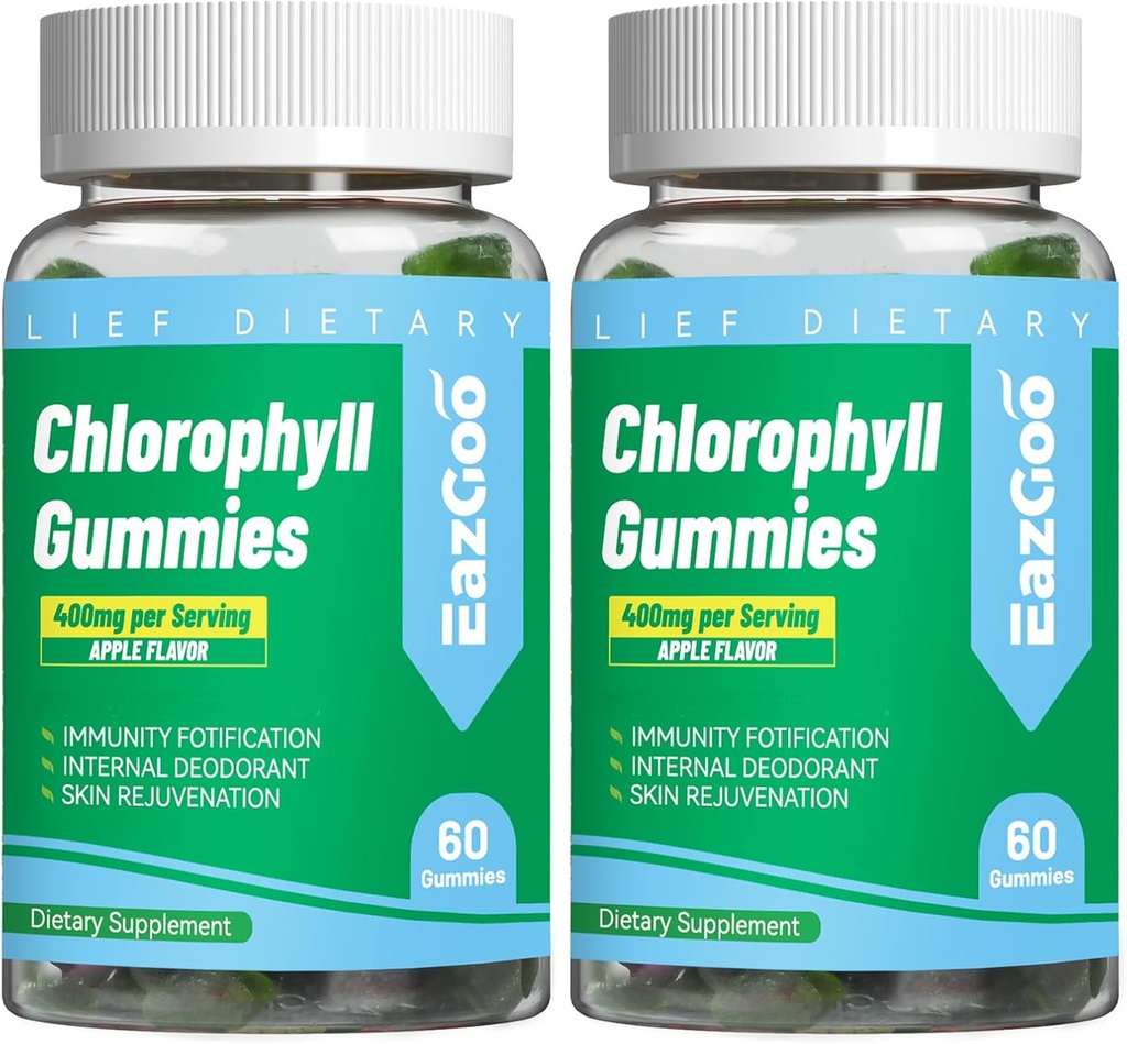 2 Pack Chlorophyll Gummies for Body Odor Deodorant*, Sugar Free Chewable Chlorophyll for Immune Support Women Vegan Non-GMO, 120 Count Count Count