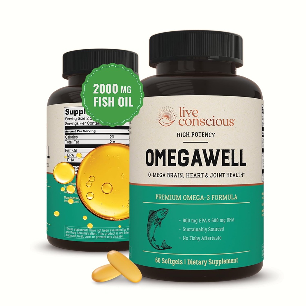 Canlı Bilinçli Omega 3 Balık Yağı - 2000 mg Capsules: Kalp, Beyin ve Ortak Destek - 800 mg EPA 600 mg DHA - Sustainable Sourced - Softgels - 30 Day Supply