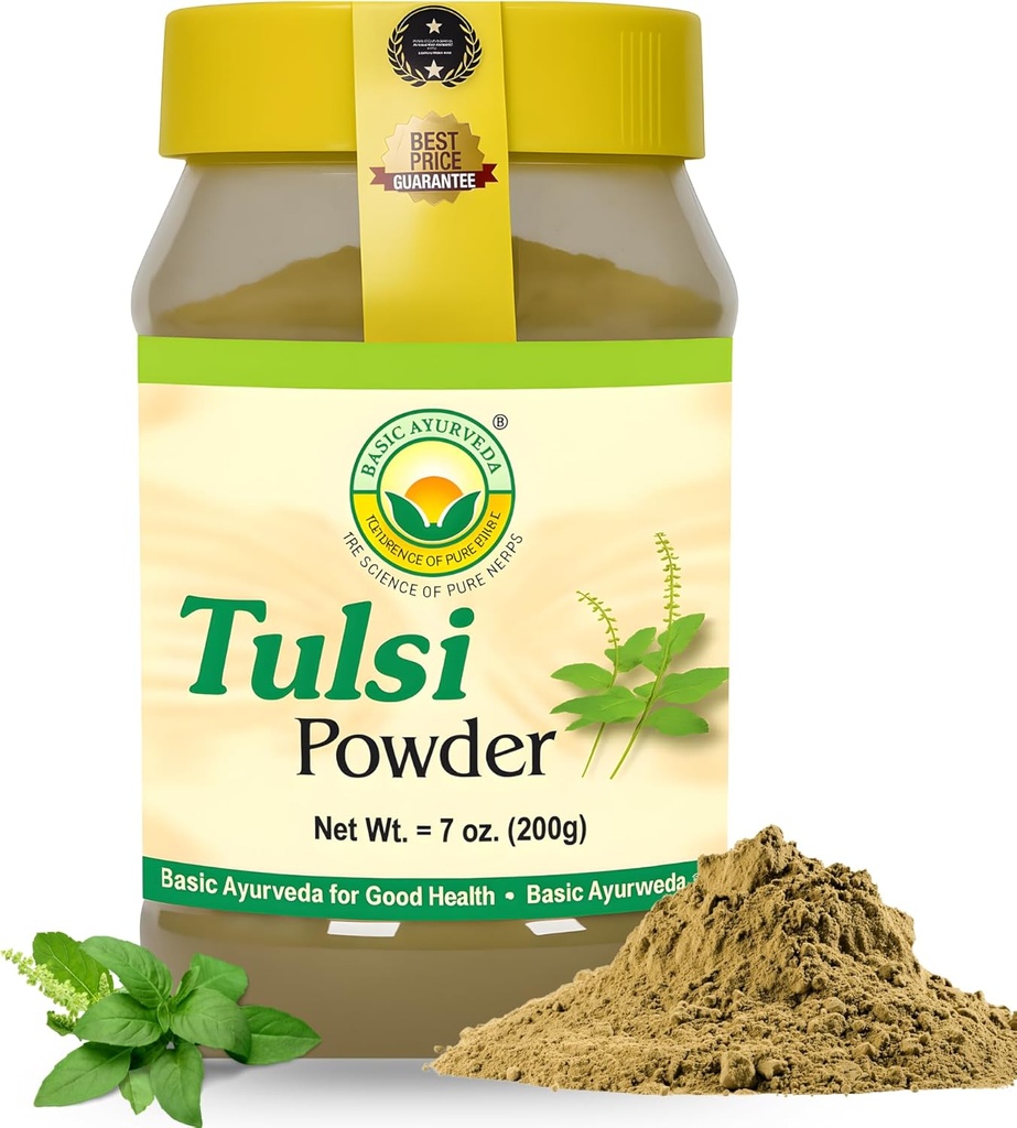 BASIC AYURVEDA Tulsi Toz - 7.05 Oz (200g) | Kutsal Basil Toz Çay, Skin Care & Hair | Supports Detox, Natural Energy, Daily Balance | Non-GMO, Vegan, Gluten-Free Free