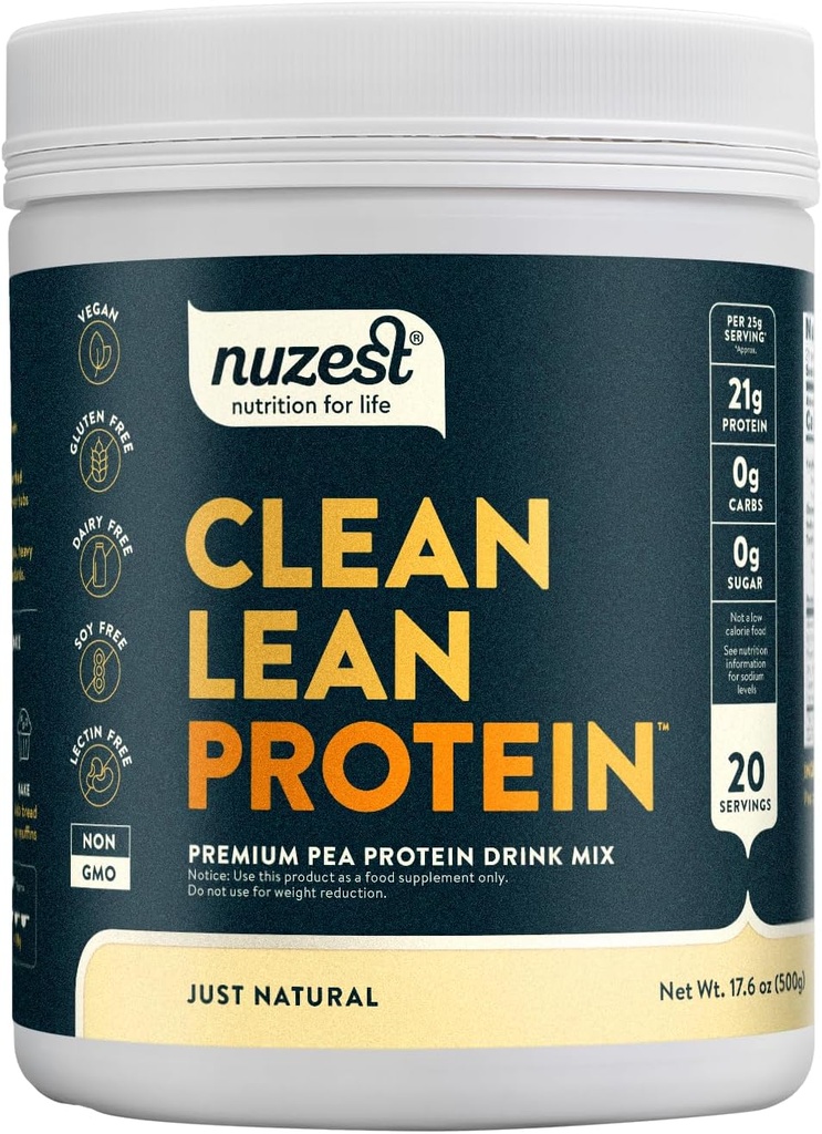 Nuzest - Pea protein Toz - Temiz Lean protein, Premium Vegan Plant Temel Protein Toz, Süt Ücretsiz, Gluten Free, GMO Free, Protein Shake, Just Natural (UNFLAREDVO), 20 Hizmet, 1.1 lb