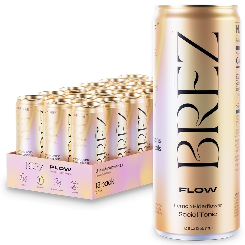 BREZ FLOW Lion’s Mane Mushroom Drink, 18-Pack, μη εγχυμένα, Adaptogens, Relieving, Uplifting, and Social, Sparkling Lemon Elderflower Tonic 12 Fl oz