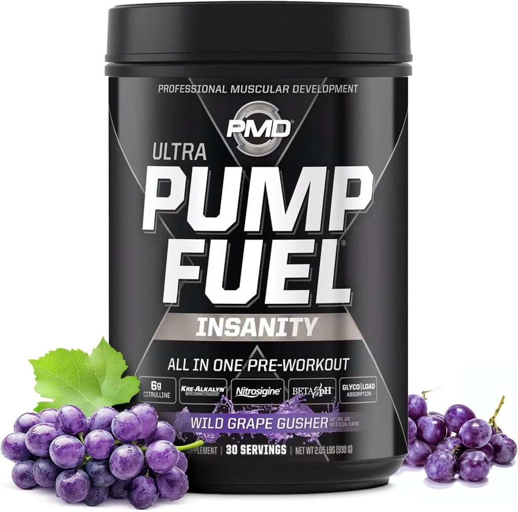 PMD Sports Pump Yakıt Insanlığı - Premium Pre Workout Toz & Muscle Pump, Greater Focus, Endurance & Recovery, Premium Kreine, Arginine & Beta Alanine - Wild Grape Gusher (30 hizmet)