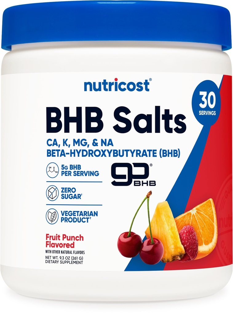 Nutricost BHB Αλάτια Μείγμα ποτών (30 σερβιέτες, Fruit Punch Γεύση) (5G BHB ανά υπηρεσία) - 0G Σύνολο Σάκχαρα, Χορτοφαγικό Προϊόν