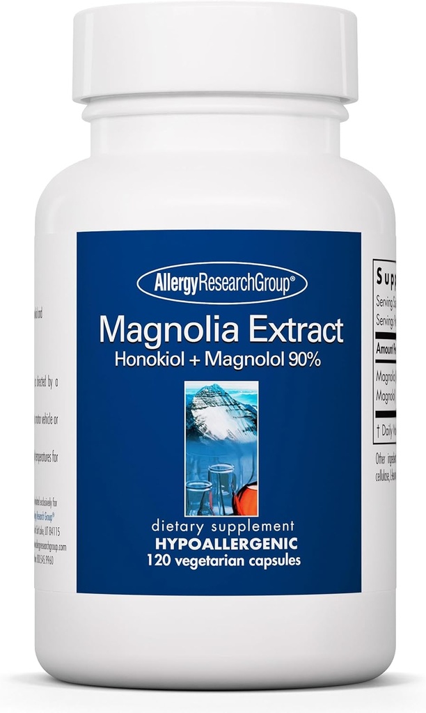 Alerji Araştırma Grubu Magnolia Extract Diyetary Supplement - Stres Uyku Desteği, Cortisol Balance, Honokiol, Magnolia, Hipoallergenic, Vegetarian Capsules, Gluten Free - 120 Count