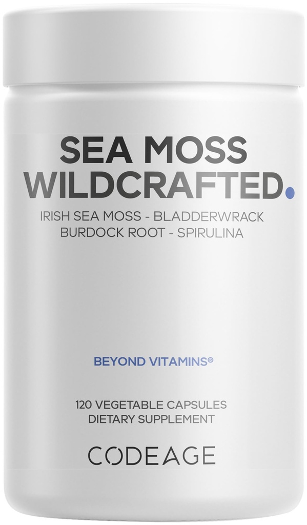 Codeage Raw Wildcrafted Irish Sea Moss Supplement, Spirulina Algae, Bladderwrack Seaweed, Burdock Root, Black Pepper, Vegan, Non-GMO, 120 κάψουλες
