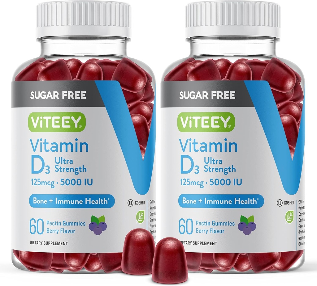 VITEEY Vitamin D3 Yetişkinler ve Gençler için Gummies - 5.000 IU, 125mcg, Ultra Strength - Sugar Free, Bone, Joint & Muscle Health, Immune Boost - Vegetarian, Gelatin Free - Tasty Chewable Berry Flavored Gummy