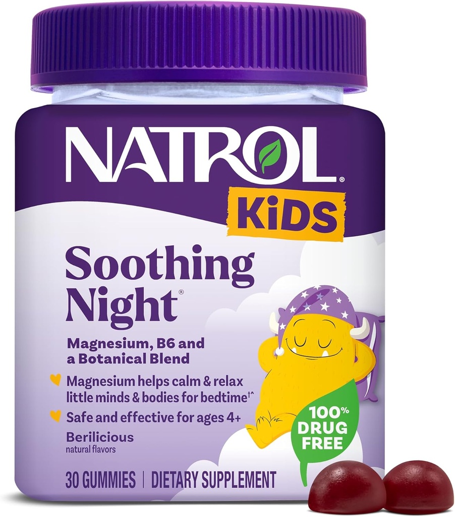 Natrol Kids Soothing Magnezyum Night Citrate Gummies, Calm & Relax Little Minds & Bodies for Bedtime for those Low in Magnezyum, Plus B6 Supports Brain Function, 30 Berilicious Gummies