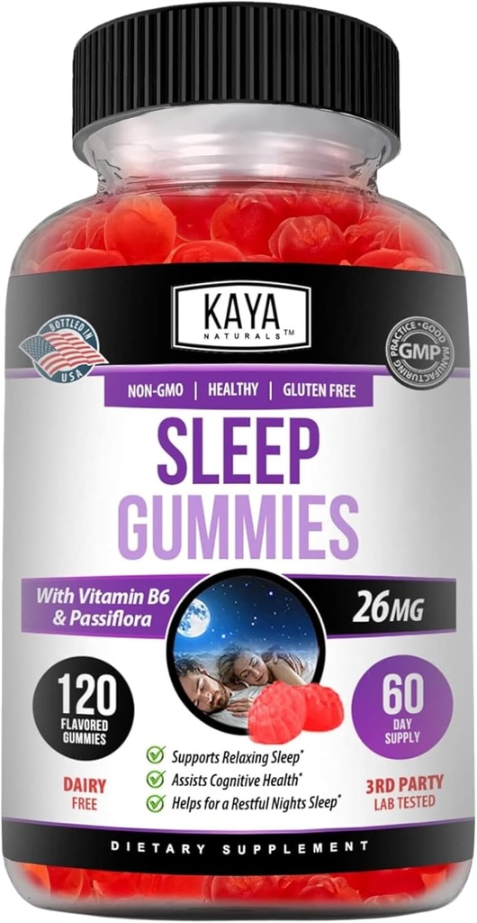 Kaya Naturals Sleep Gummies (26mg) - Συμπλήρωμα Υγείας και Βοήθεια για τον Ύπνο για Ενήλικες - Βιταμίνη Β6 και Μελατονίνη Gummies - Gummy Βιταμίνες για γυναίκες και άνδρες - 120 Count