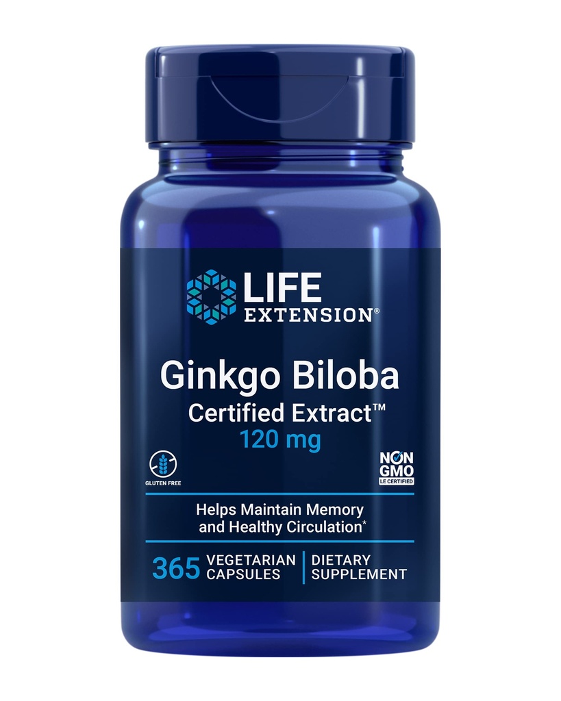 Life Extension Ginkgo Biloba sertifikalı ExtractTM, 120 mg, Memory & cognition, Gluten-Free, Non-GMO, Vegetarian, 365 Capsules