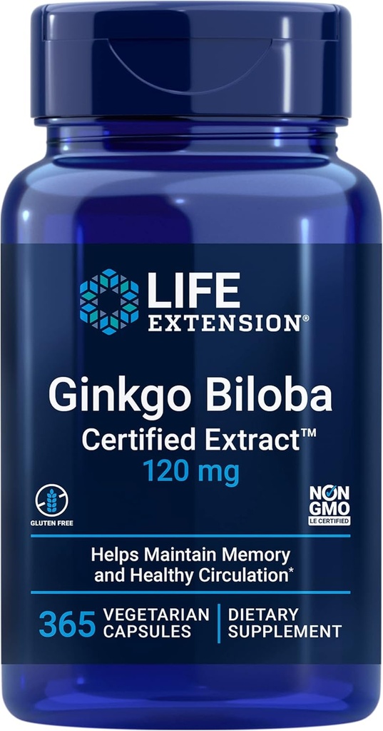 Life Extension Ginkgo Biloba sertifikalı ExtractTM, 120 mg, Memory & cognition, Gluten-Free, Non-GMO, Vegetarian, 365 Capsules