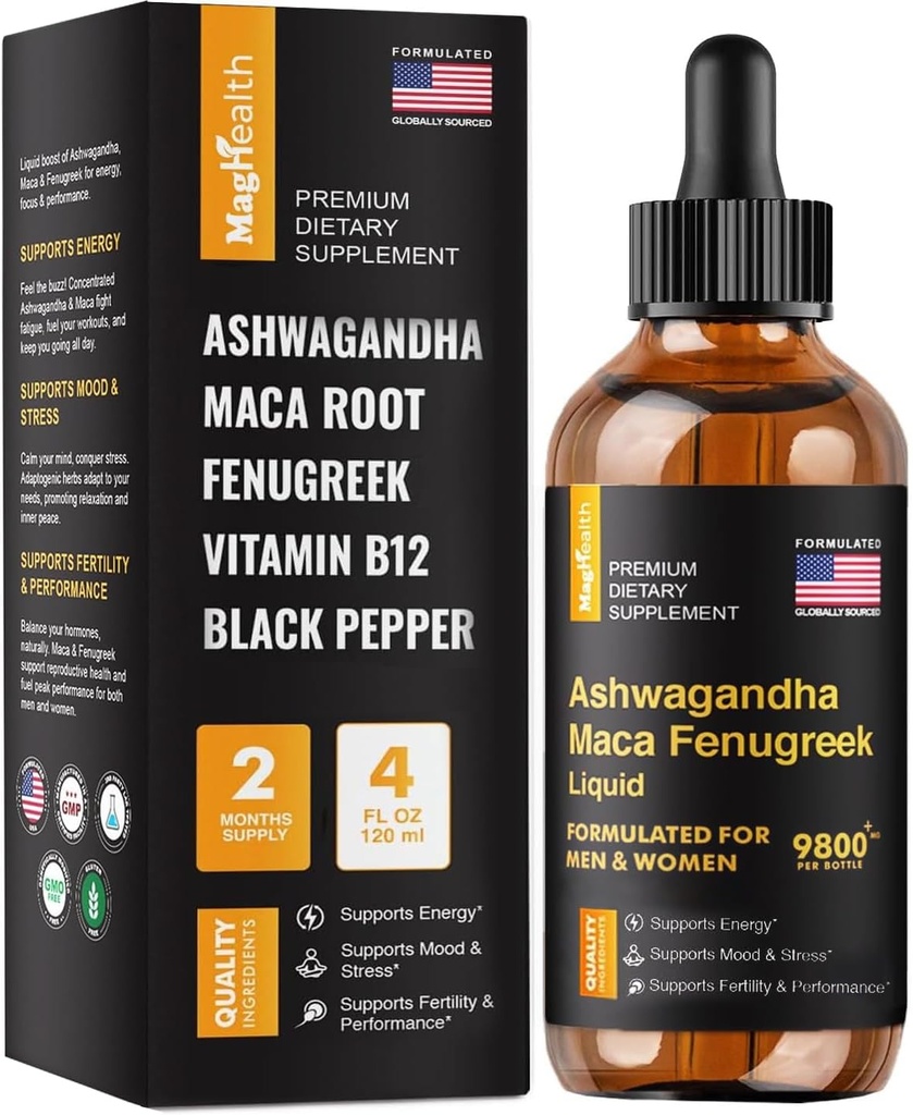 Maca Root Liquid Drops with Ashwagandha and Fenugreek - 60 Day Servings - Focus, Energy and Performance - Υγρή Πολυβιταμίνη για γυναίκες και άνδρες - Adapto Drive, Vegan Drops