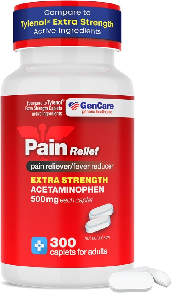 GenCare - Acetaminophen 500 mg Ekstra Güçlü Ağrı Yardımı (300 Caplets) - Multi Symptom Pain Reliever for Headache, Sinus, Arthritis, Back Pain Muscle Ache, Toothache Ateş, Özellikler, Migraine