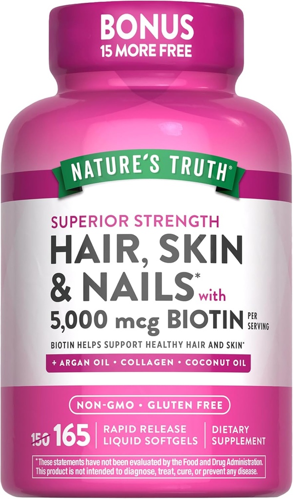 Doğanın Gerçek Saçları, Skin & Nails Vitamini | 5000 mcg Biotin | 165 Softgels | Collagen | Non-GMO & Gluten Free Supplement Supplement