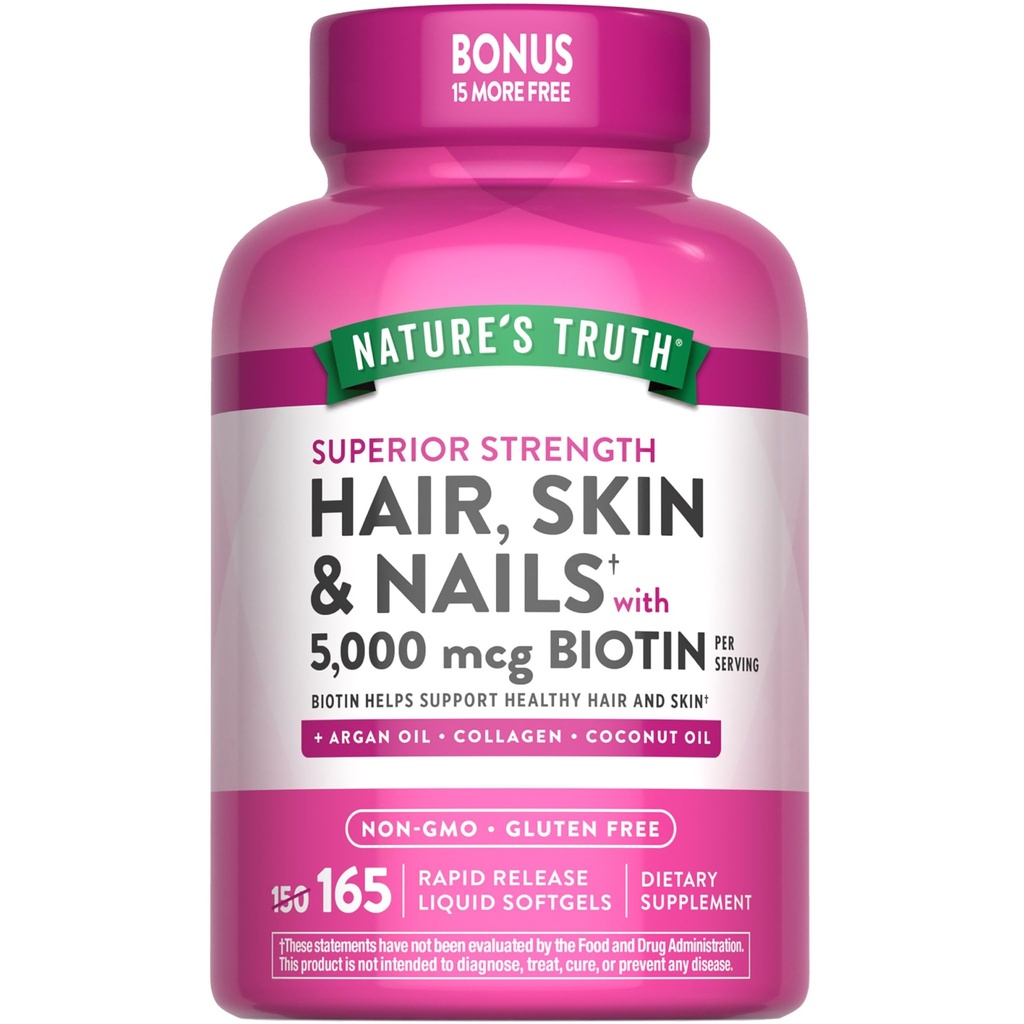 Doğanın Gerçek Saçları, Skin & Nails Vitamini | 5000 mcg Biotin | 165 Softgels | Collagen | Non-GMO & Gluten Free Supplement Supplement