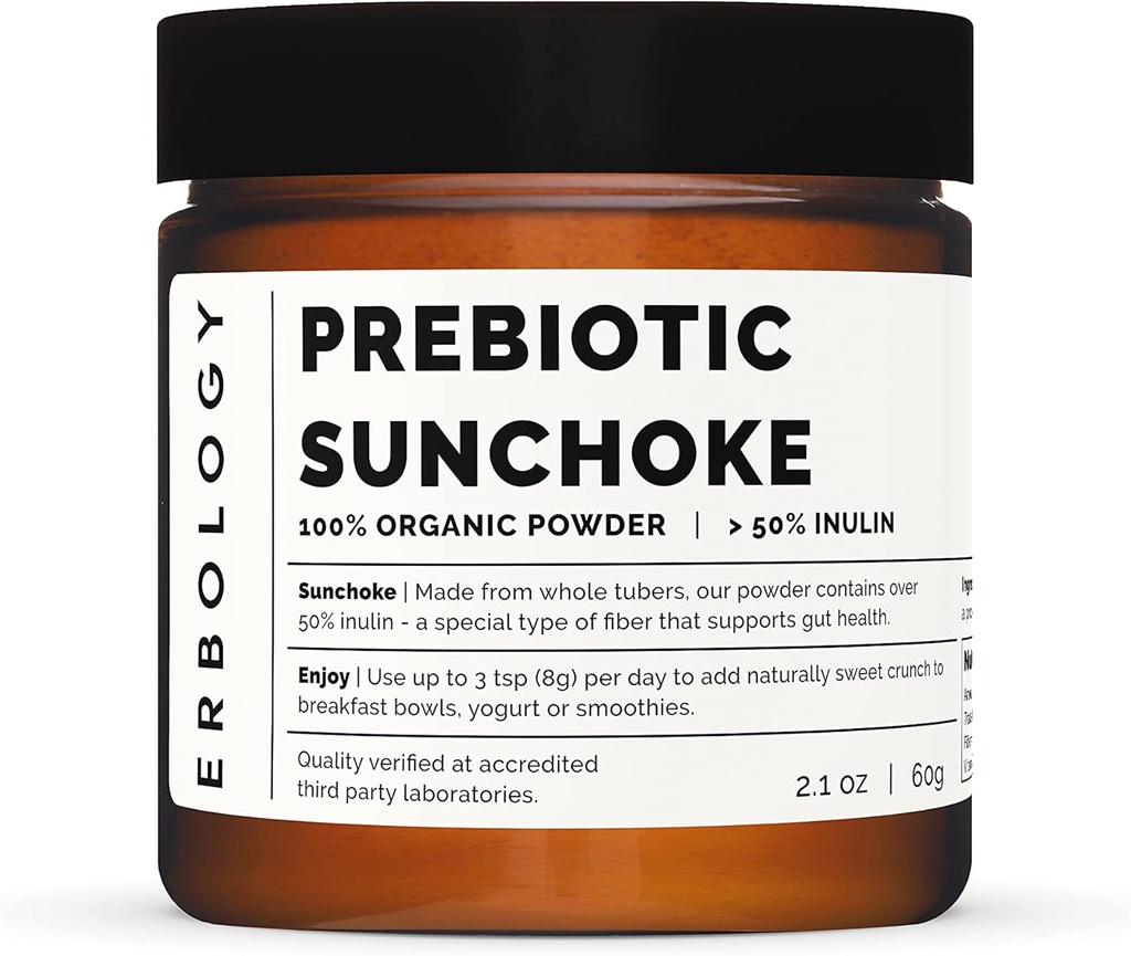 Erbology Organic Sunchoke Powder 2,1 oz - 30 Servings - 50% Prebiotic Inulin Fiber - Υποστηρίζει την υγεία των ορνίθων και προωθεί το Diverse Microbiome - Τροφοδοτεί καλά βακτήρια - Vegan - Χωρίς γλουτένη - GMO-free