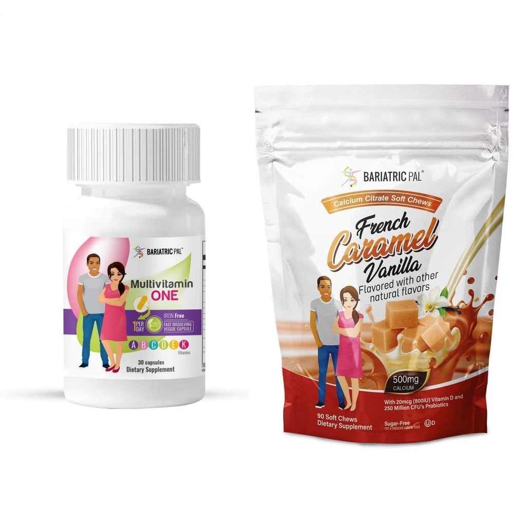BariatricPal Duodenal Switch 30-Day Supply Vitamin Paketi (Iron-Free Capsule Food Citrate Soft Chews with Probiyotiks - French Caramel Vanilla)