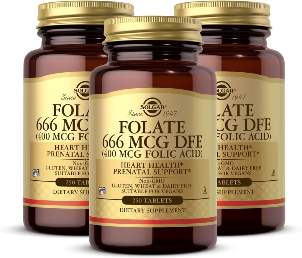 Solgar Folate 666 mcg DFE (Folic Acid 400 mcg) - 250 Tablet, 3 Paket - Prenatal Destek - Non-GMO, Vegan, Gluten Free, Dairy Free, Kosher - 750 Toplam Hizmetler