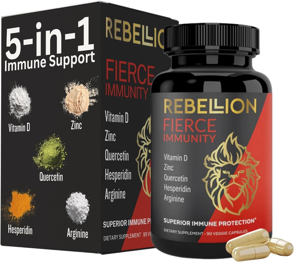 5-in-1 Fierce Immunity Supplement, Immune Support Supplement and Bransons for Yetişkinler, C, Quercetin, Vitamin D, çinko, L-Arginine, Hesperidin, Immunity Support, 90 Capsules (1 Ay Supply)
