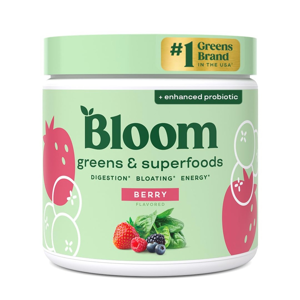 Bloom Beslenme Superfood Greens Toz, Probiyotikler ve Prebiyotiklerle Digestive Enzymes, Gut Health, Women, Chlorella, Green Juice Mix with Beet Root Toz, 30 SVG, Berry