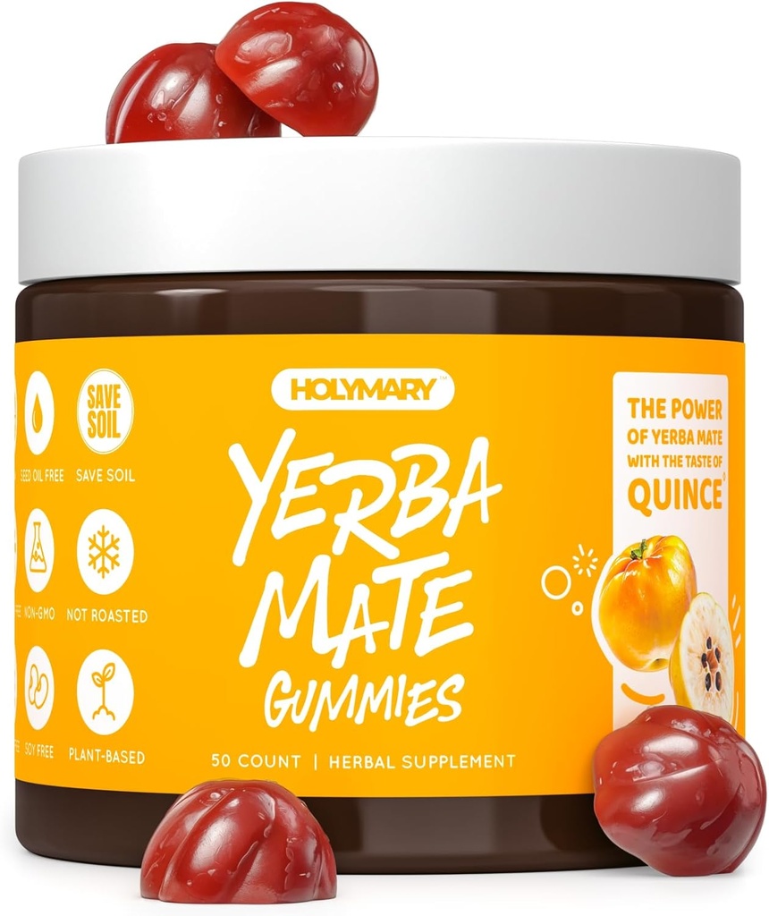 TEYMARY Yerba Mate Gummies, Quince - Organik, Unroasted Yerba Mate ile yapılır. Eklenen Caffeine'den ücretsiz. Vegan, Non-GMO, Gluten-Free, Kosher. 50 Delicious Supplement Gummies