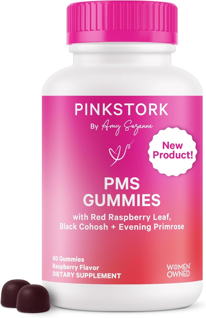 Pink Stork PMS Kadınlar için Gummies - Red Raspberry Leaf, Black Cohosh, Evening Primrose Oil - Bloating, Cravings, Skin, Mood - Hormonal Lisans Desteği - 60 Berry Gummies - Vegan, Plant-Based