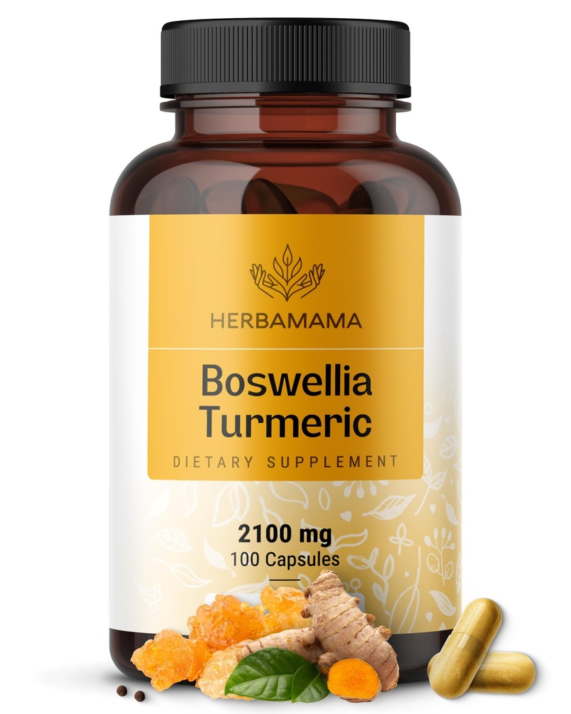 HERBAMAMA Turmeric ve Boswellia Extract Capsules - 2100 mg Boswellia Serrata & Turmeric Kompleks Black Pepper Extract - Vegan, Non-GMO,% 95 Curcuminoids Antioksi Supplement, 100 Caps