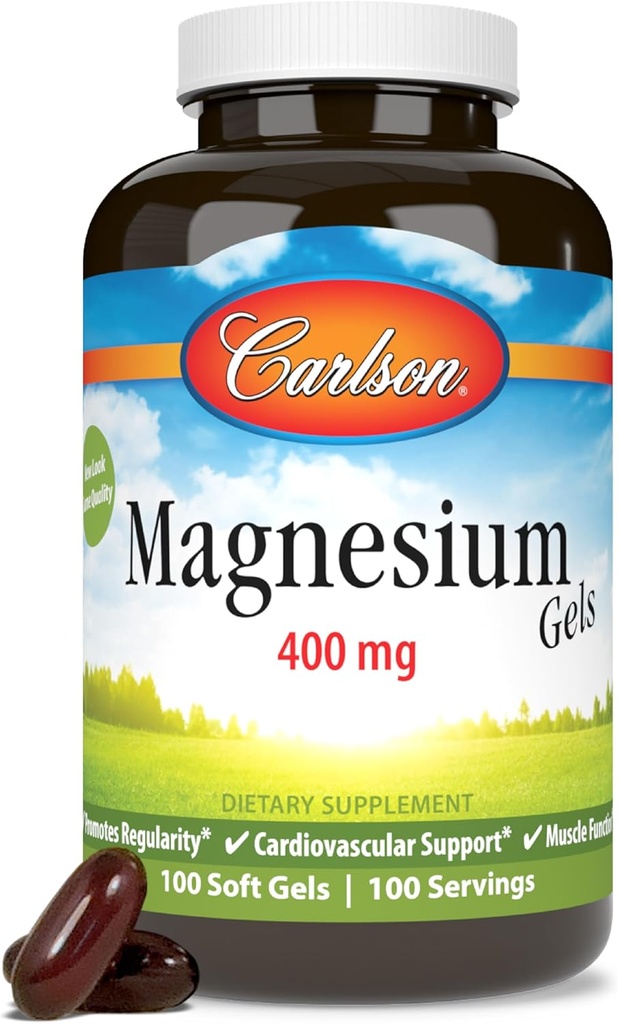 Carlson - Γέλη μαγνησίου, 400 mg Μαγνησίου ανά Softgel, υποστήριξη καρδιάς & μυών, Γέλη μαγνησίου, λειτουργία του εντέρου, συμπλήρωμα μαγνησίου, 100 Softgels