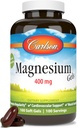 Carlson - Γέλη μαγνησίου, 400 mg Μαγνησίου ανά Softgel, υποστήριξη καρδιάς & μυών, Γέλη μαγνησίου, λειτουργία του εντέρου, συμπλήρωμα μαγνησίου, 100 Softgels