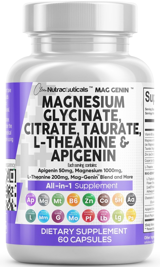Clean Nutraceuticals Magnesium Glycinate Complex 1000mg με L-Θεανίνη 200mg Apigenin 50mg Citrate Taurate Supplement - 5-HTP GABA Passion Flower Lemon Balm L-Glycine Phosphatidylserine - 60 Count