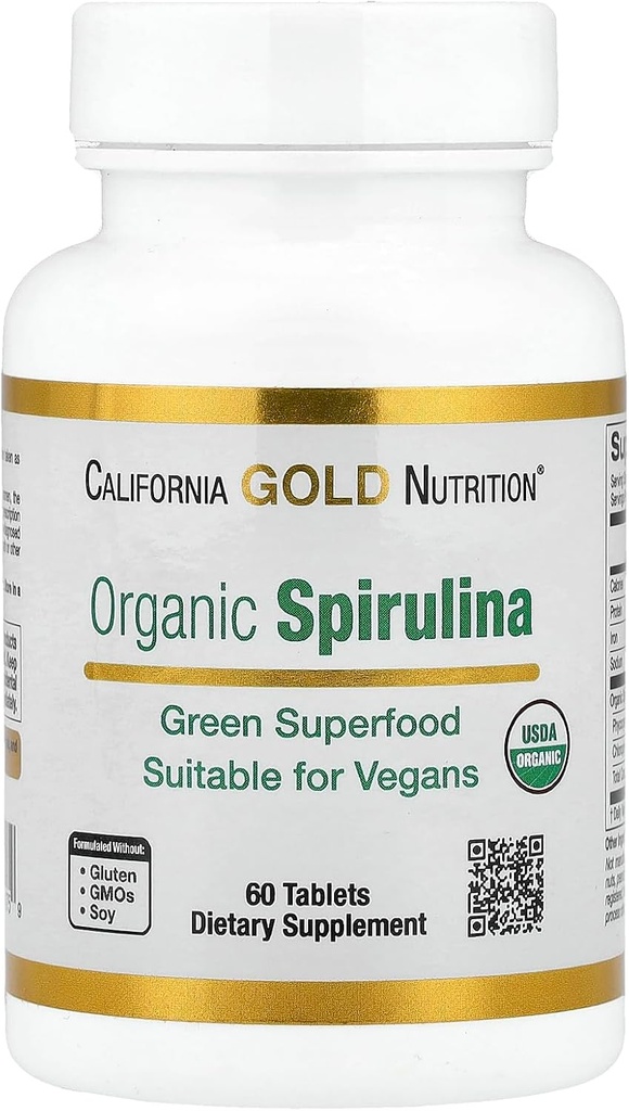 California Gold Beslenme Organik Spirulina Supplement, Antioksis, Vegan Dostu, Gluten Free, Non-GMO, 500 mg,60 Tabletler ile Yeşil Bir Superfood