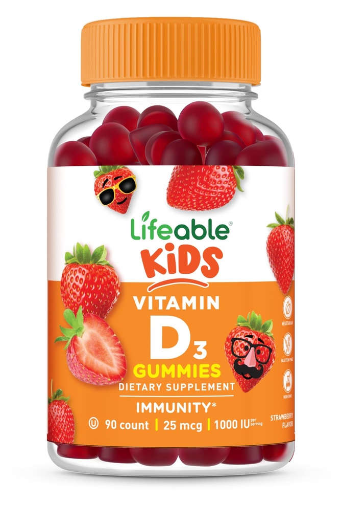 Lifeable Kids Vitamin D Gummies | Vitamin D3 1000iu | Great Tasting Vitamin D3 Gummies | D3 Güçlü Sağlıklı Kemikler ve Immune Desteği | D for Kids, Boys, Girls | 90 Gummies