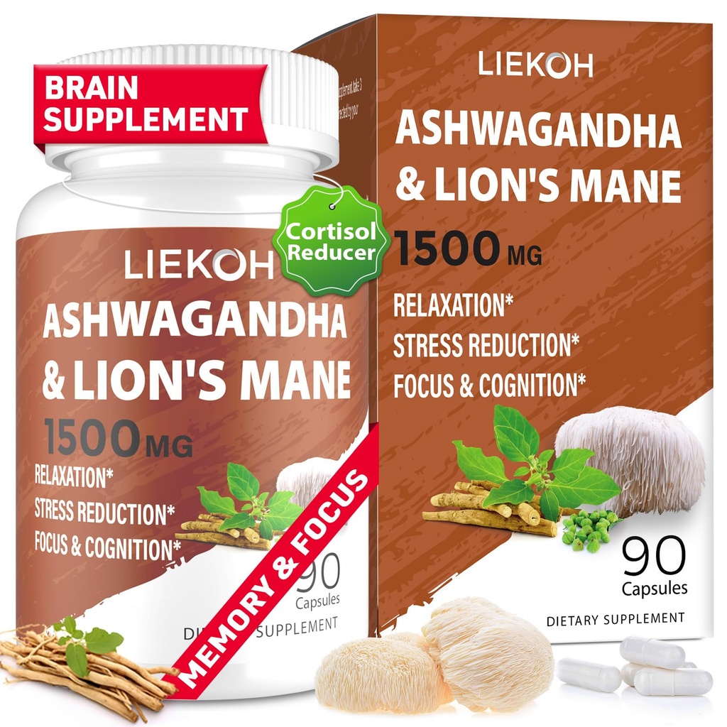Ashwagandha & Lions Mane Supplement Capsules, Brain Supplements for Memory and Focus, Ashwagandha Supplement with Rhodiola & Black Peppe, Cortisol Supplements for Women & Men,90 Caps