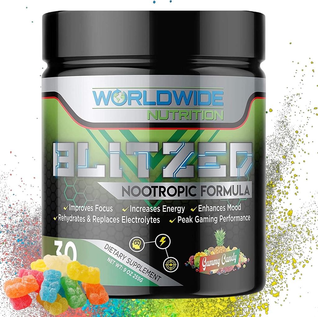 Worldwide Nutrition Blitzed Nootropic Formula - All Natural Energy Drink Mix Toz - Brain Supplements for Memory and Focus - Geliştirilmiş Focus and Energy Supplement- Gummy Candy Flavor - 30 Servisler