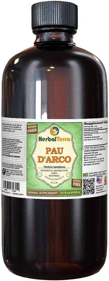 PAU d'arco (Tabebuia Impetiginosa) Glycerite, kuru Bark Alkol Özgür Sıvı Ekstraksiyon (Brand Name: HerbalTerra, Proudly Made in USA) 32 fl.oz (0.95 l)