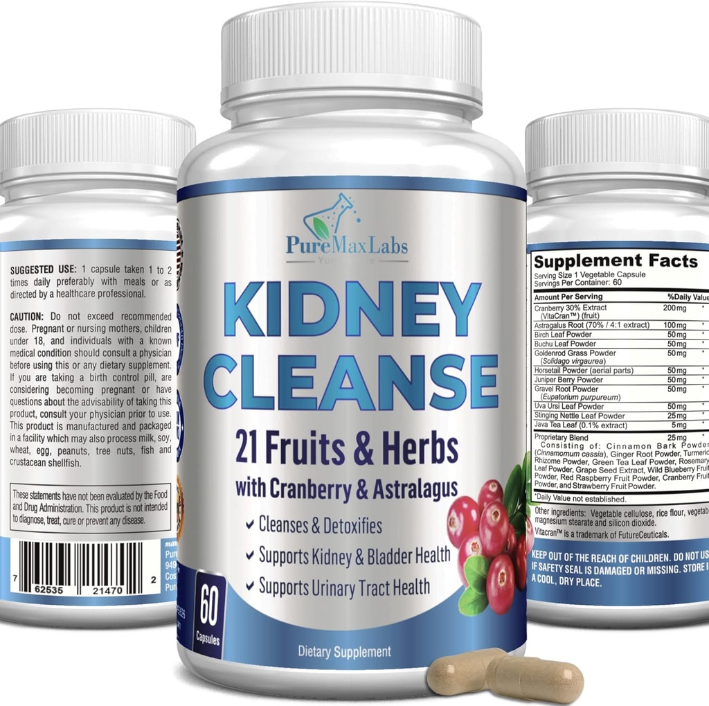 Herbal Kidney Cranberry Extract, Astralagus - 21 Meyve ve Herbs - Detox & Cleanse Urinary Tract & Bladder Health, Kidney Support, 60 Vegan Capsules