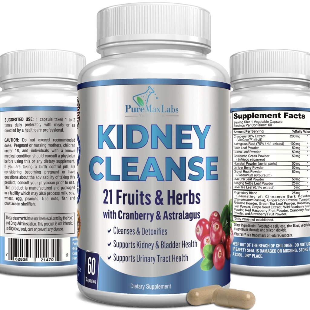 Herbal Kidney Cranberry Extract, Astralagus - 21 Meyve ve Herbs - Detox & Cleanse Urinary Tract & Bladder Health, Kidney Support, 60 Vegan Capsules