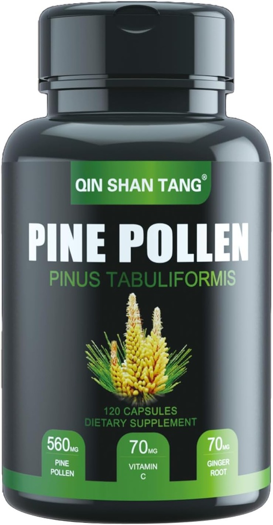 Pine Pollen Supplement wtih Ginger Root ve Vitamin C,% 99 Cracked Hücre Duvar,120 Veggie Capsules,Focus & Immune Kadınlar ve Erkekler için İyileştirme
