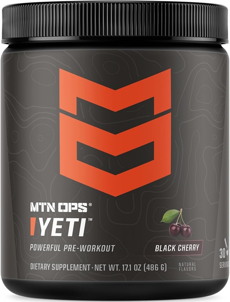 MTN OPS Yeti Pre-Workout Powder Energy Drink with Creatine, 200mg Caffeine & BCAAs with Beta Alanine, 30-Serving Tub, Black Cherry