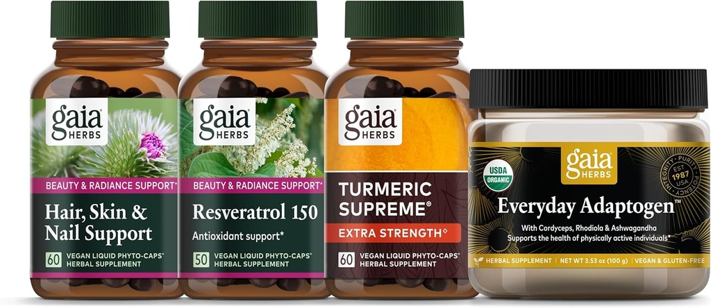 Gaia Herbs Beauty Essentials Kit - Μαλλιά, δέρμα, και υποστήριξη νυχιών, Resveratrol 150, Everyday Adaptogen, Turmeric Supreme Extra Strength