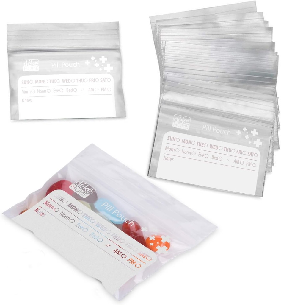 Deke Home - 100 Pack Clear Resealable Pill Çanta (4x2.75 in), Travel Medicine Pouches with Write-On Label, Honda-Free Three Pill Organizer for Drugs, Vitamins & Supplements