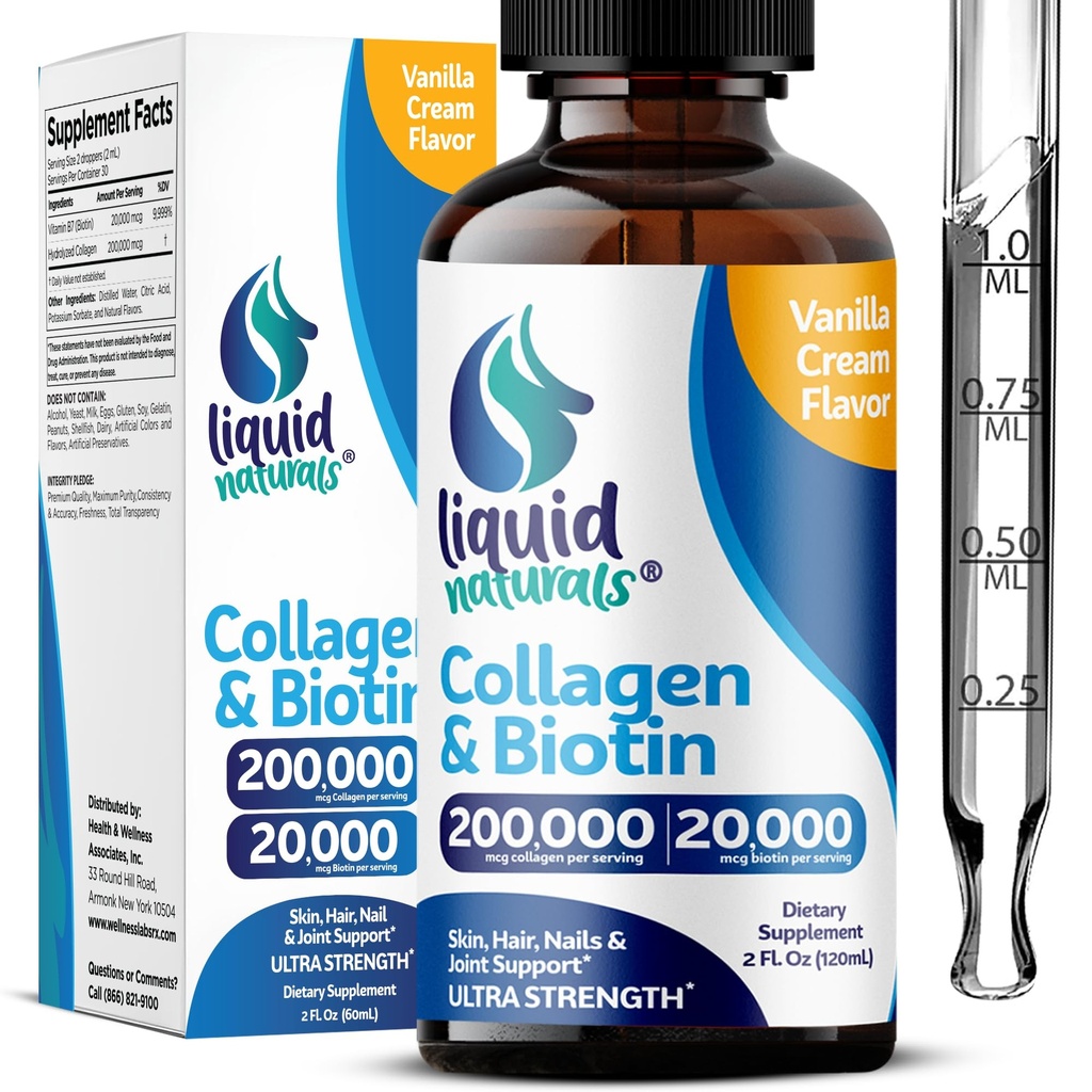 Sıvı Collagen ve Biotin, 2 Fl. Oz, Kadınlar için Ultra-Strength Collagen Supplements, Third-Party Tested Biotin for Hair Growth Women, Nails, and Skin Vitamins B7 Collageno Fla - Vanilla Flavor
