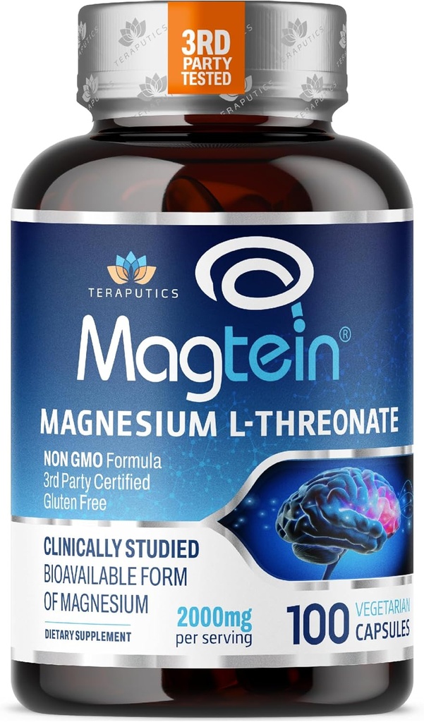 Magnezyum L Threonate, MagteinTM, Brain Supplement for Memory, Focus, Sleep and Cognitive Support, High Abxia L-Threonate, Non-GMO, No Laxative Etkisi – 2000, 100 Vegan Capsules