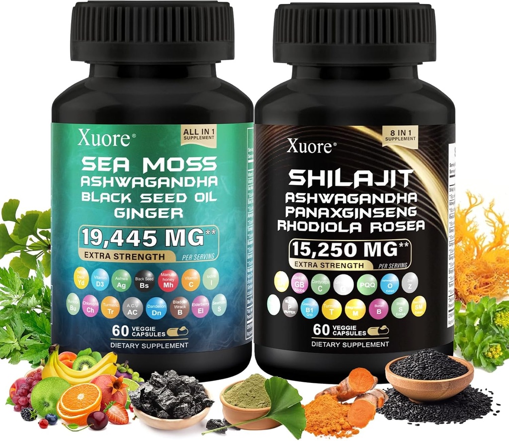 The Bundle of Shilajit and Sea Moss, Sea Moss, Black Seed Oil, Ashwagandha, Ginger, Shilajit, Rhodiola Rosea, Panax Ginseng,120 Capsules All in One Supplement,(1 Package).