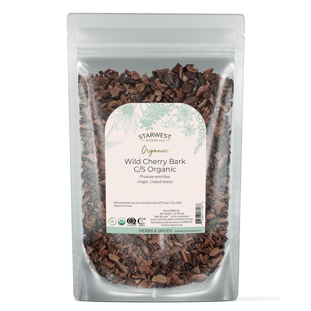 Starwest Botanicals Wild Cherry Bark Organik - Tea, Syrup, & Natural Herbal Mixs, Prunus Serotina, Cut & Sifted, Sertifikalı Kosher, Non-GMO - 4 oz Pouch