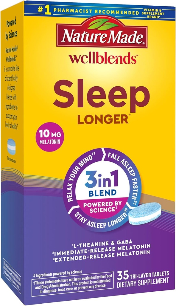 Nature Made Wellbleds Sleep Longer, Melatonin 10mg, L theanine 100 mg, και GABA 100mg, συμπλήρωμα ύπνου, 35 δισκία Tri- Layer